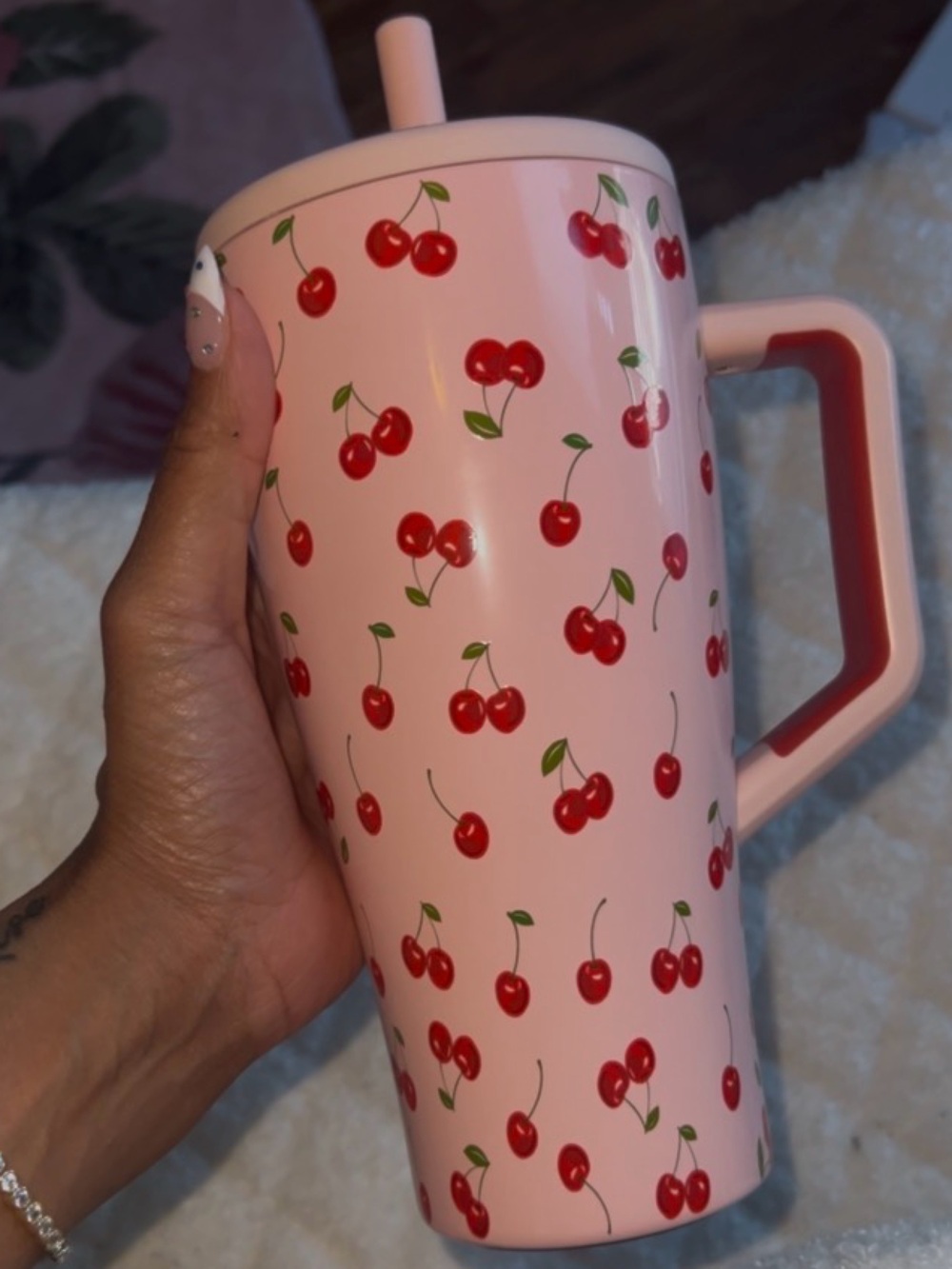 BruMate Pink Cherry Pattern Travel Tumbler with Handle and Straw Krista Horton